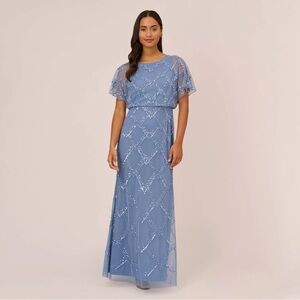 Adrianna Papell French Blue Blouson Flutter Sleeve Beaded Gown